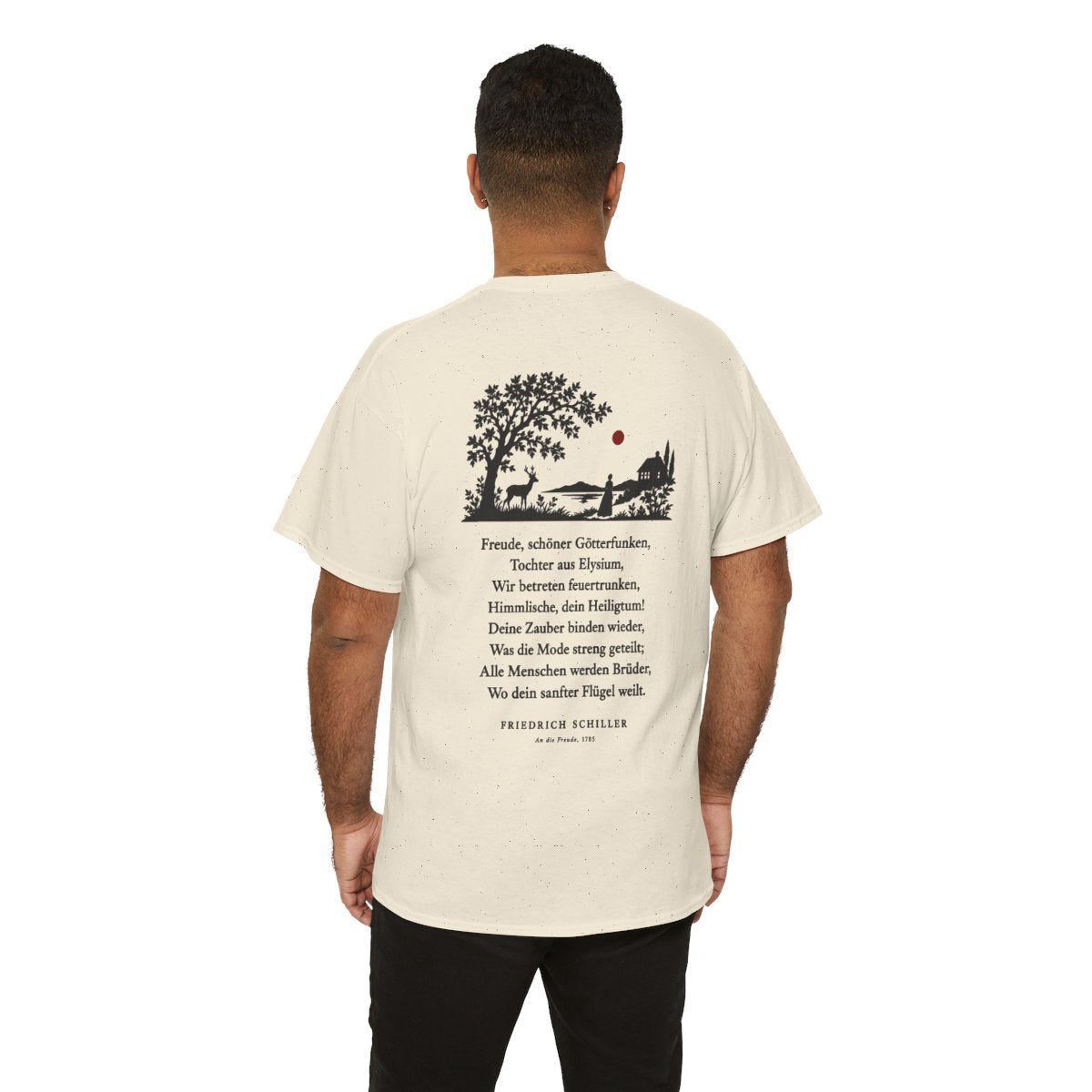 Unisex T-Shirt mit Zitat - Schiller - Freude, schöner Götterfunken Scherenschnitt (Druck hinten) – person-6-back