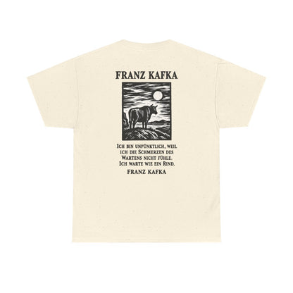 Unisex T-Shirt mit Zitat - Kafka - Ich bin unpünktlich (Druck hinten) – back