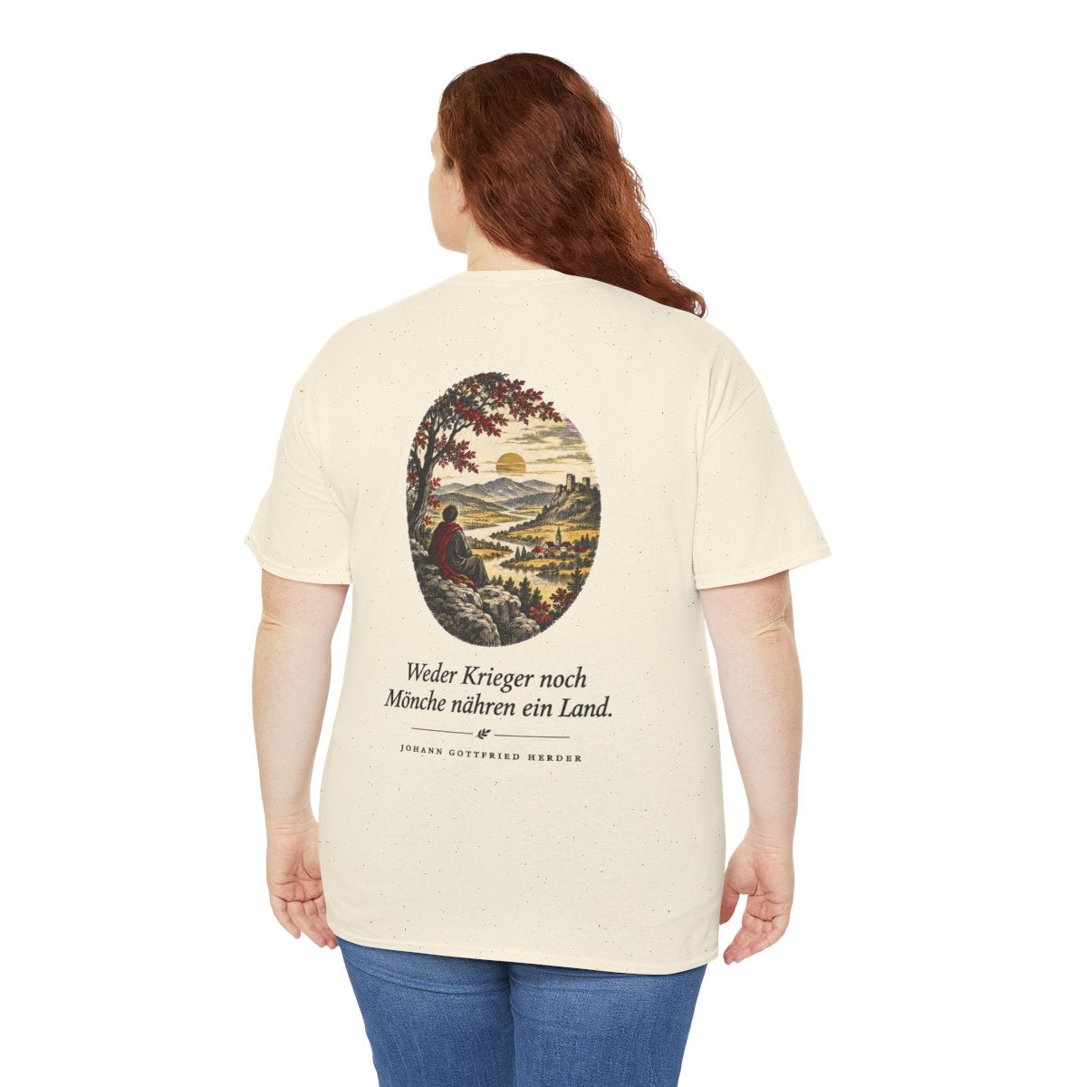 Unisex T-Shirt mit Zitat - Herder - Weder Krieger noch Mönche nähren ein Land (Druck hinten) – person-5-back