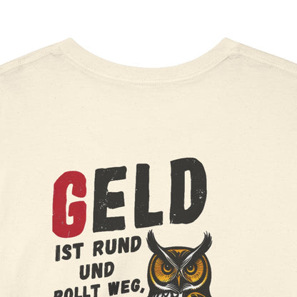 Unisex T-Shirt mit Zitat - Heine - Geld ist rund (Druck hinten) – back-collar-closeup