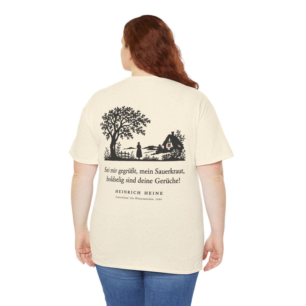 Unisex T-Shirt mit Zitat - Heine - Sei mir gegrüßt, mein Sauerkraut (Druck hinten) – person-5-back
