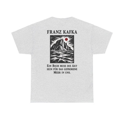 Unisex T-Shirt mit Zitat - Kafka - Ein Buch muss die Axt Holzschnitt (Druck hinten) – back