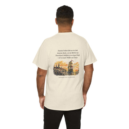 Unisex T-Shirt mit Zitat - Fallersleben - Deutsche Freiheit lebet nur im Liede (Druck hinten) – person-6-back
