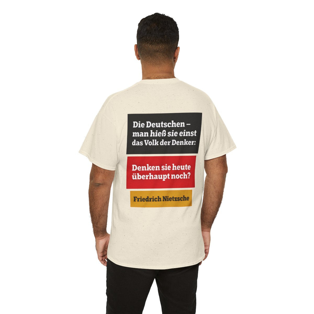 Unisex T-Shirt mit Zitat - Nietzsche - Volk der Denker Balken (Druck hinten) – person-6-back
