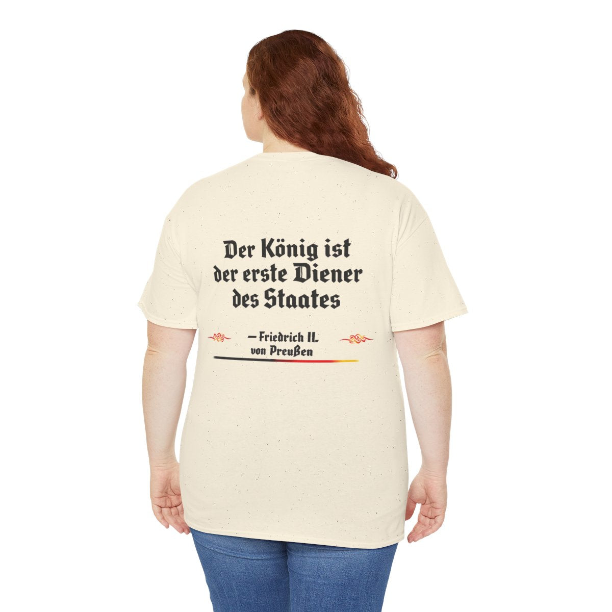 Unisex T-Shirt mit Zitat - Friedrich II. - Erster Diener des Staates (Druck hinten) – person-5-back