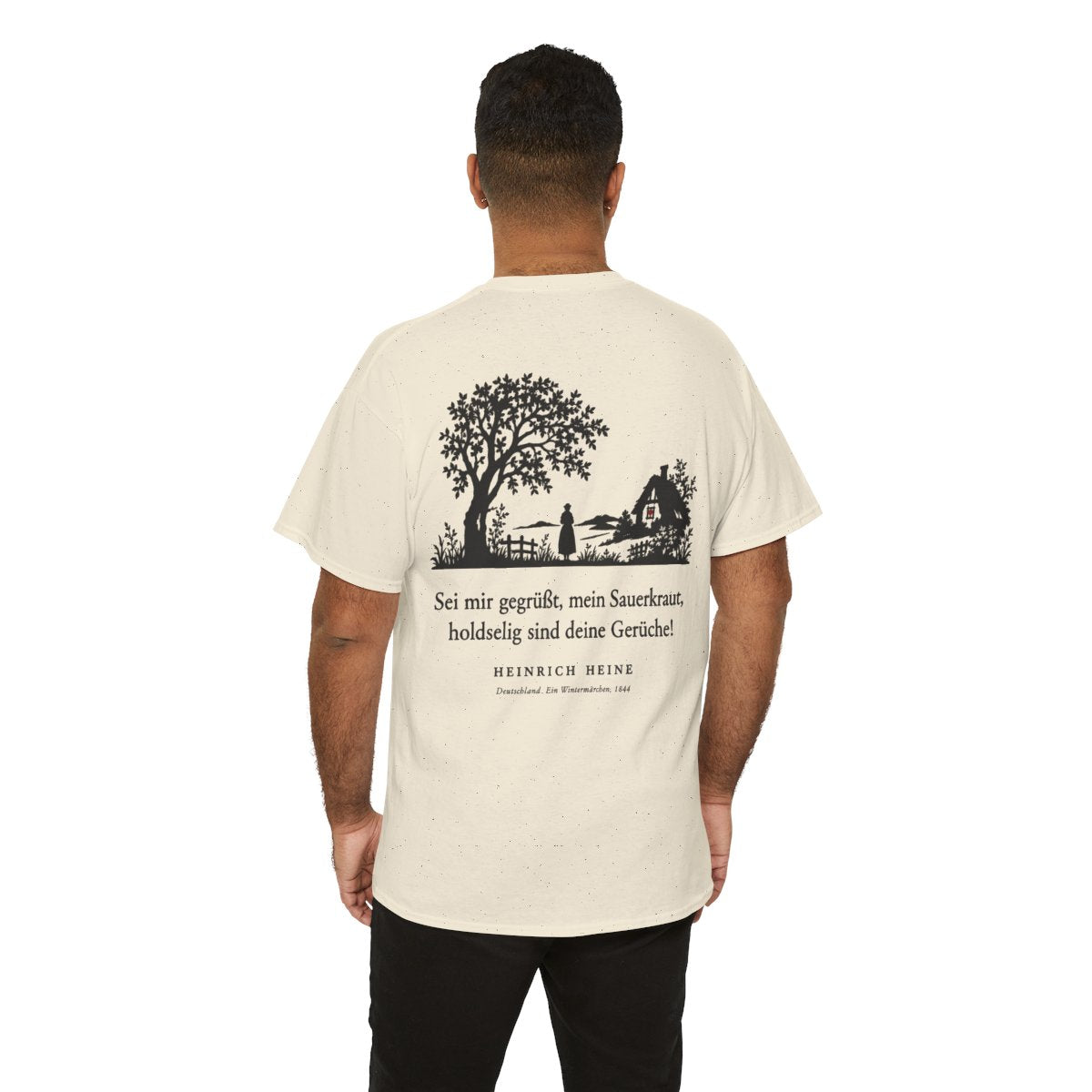 Unisex T-Shirt mit Zitat - Heine - Sei mir gegrüßt, mein Sauerkraut (Druck hinten) – person-6-back