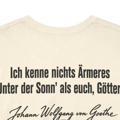 Unisex T-Shirt mit Zitat - Goethe - Ich kenne nichts Ärmeres Signatur (Druck hinten) – back-collar-closeup