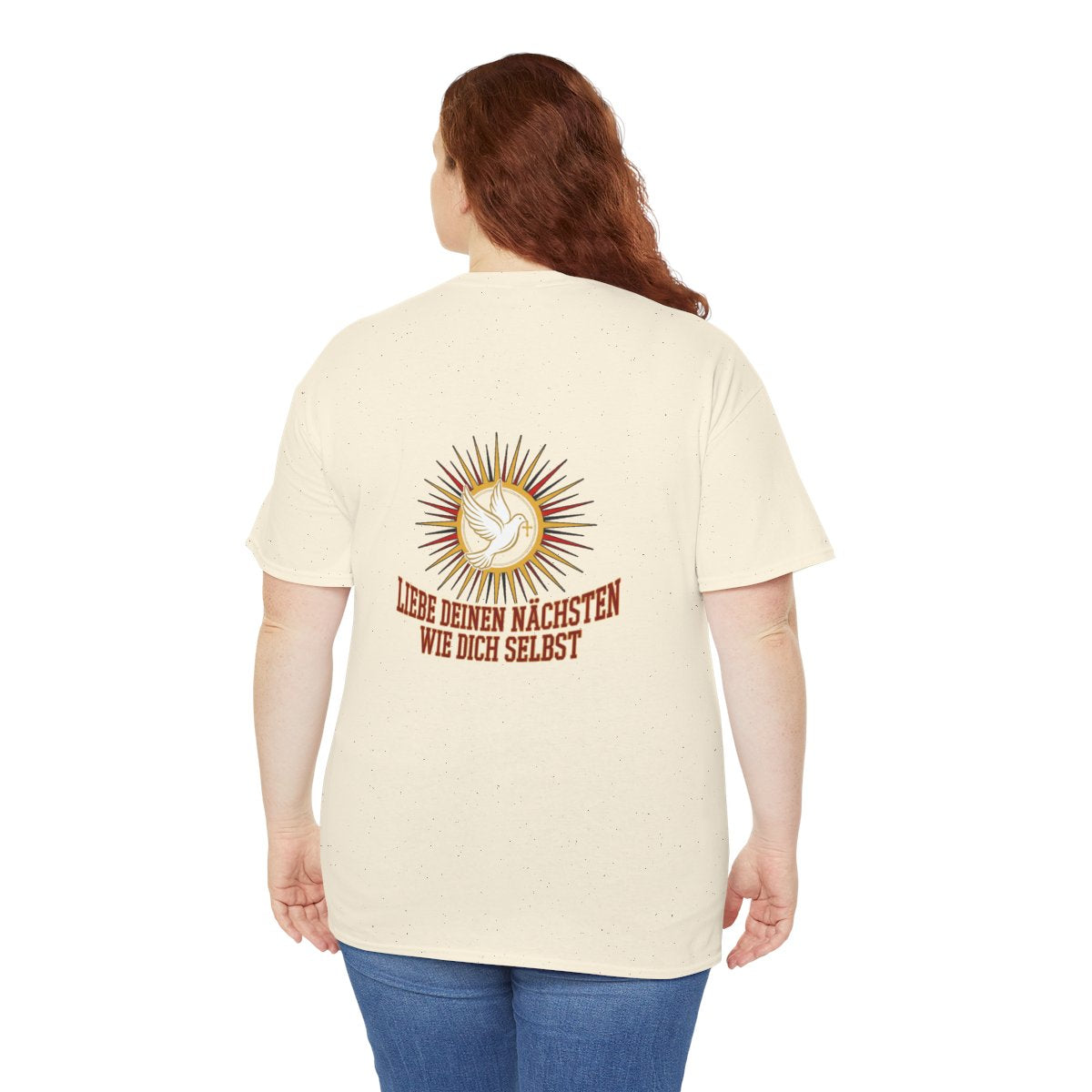 Unisex T-Shirt mit Zitat - Bibel - Liebe deinen Nächsten (Druck hinten) – person-5-back