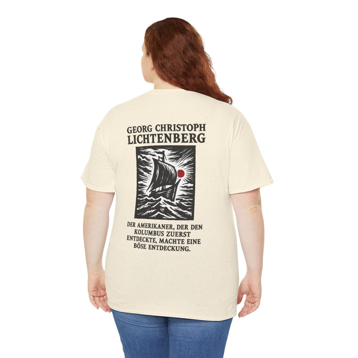 Unisex T-Shirt mit Zitat - Lichtenberg - Der Amerikaner (Druck hinten) – person-5-back