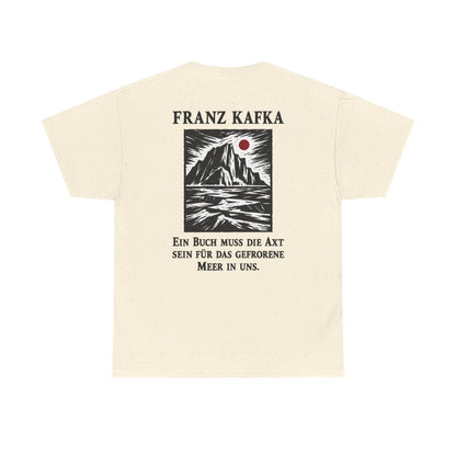 Unisex T-Shirt mit Zitat - Kafka - Ein Buch muss die Axt Holzschnitt (Druck hinten) – back