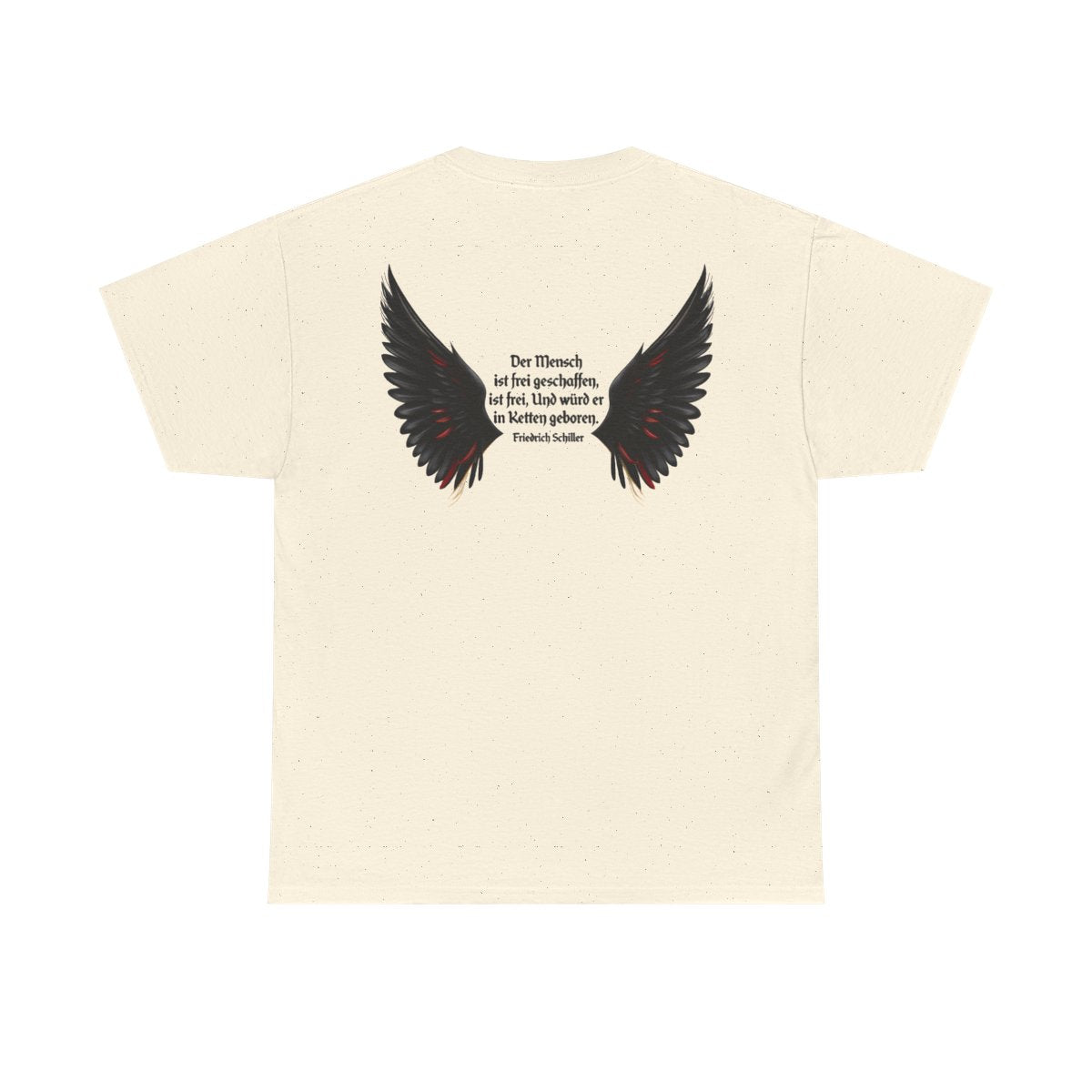 Unisex T-Shirt mit Zitat - Schiller - Der Mensch ist frei (Druck hinten) – back