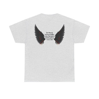 Unisex T-Shirt mit Zitat - Schiller - Der Mensch ist frei (Druck hinten) – back