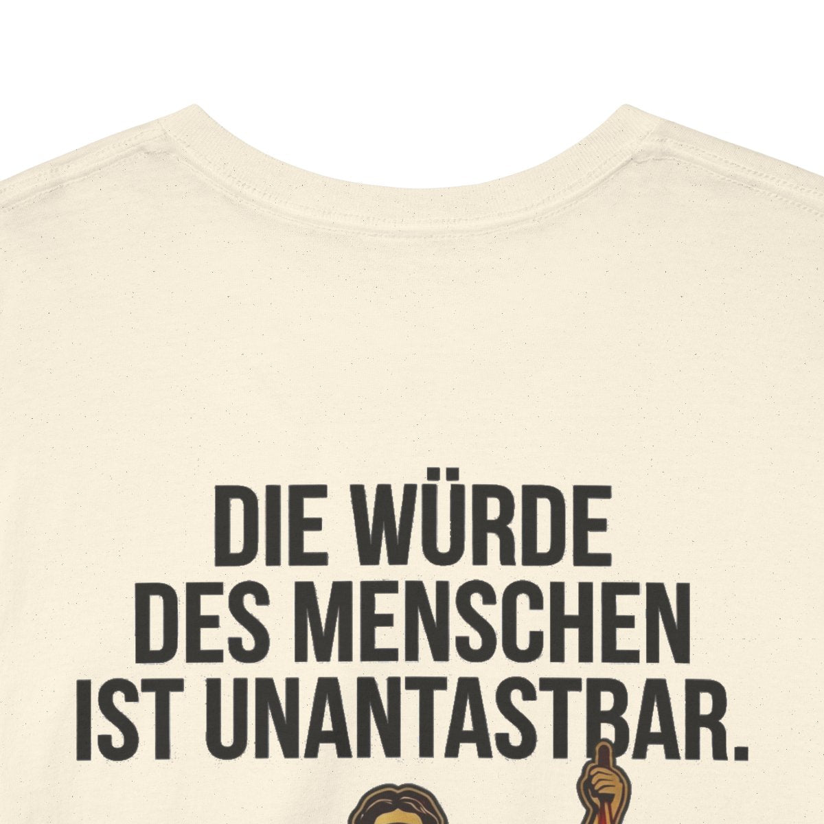 Unisex T-Shirt mit Zitat - Grundgesetz - Die Würde des Menschen (Druck hinten) – back-collar-closeup