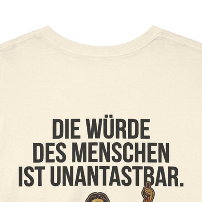 Unisex T-Shirt mit Zitat - Grundgesetz - Die Würde des Menschen (Druck hinten) – back-collar-closeup