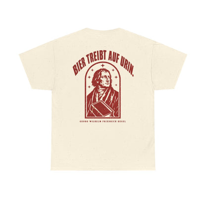 Unisex T-Shirt mit Zitat - Hegel - Bier treibt auf Urin Vintage (Druck hinten) – back