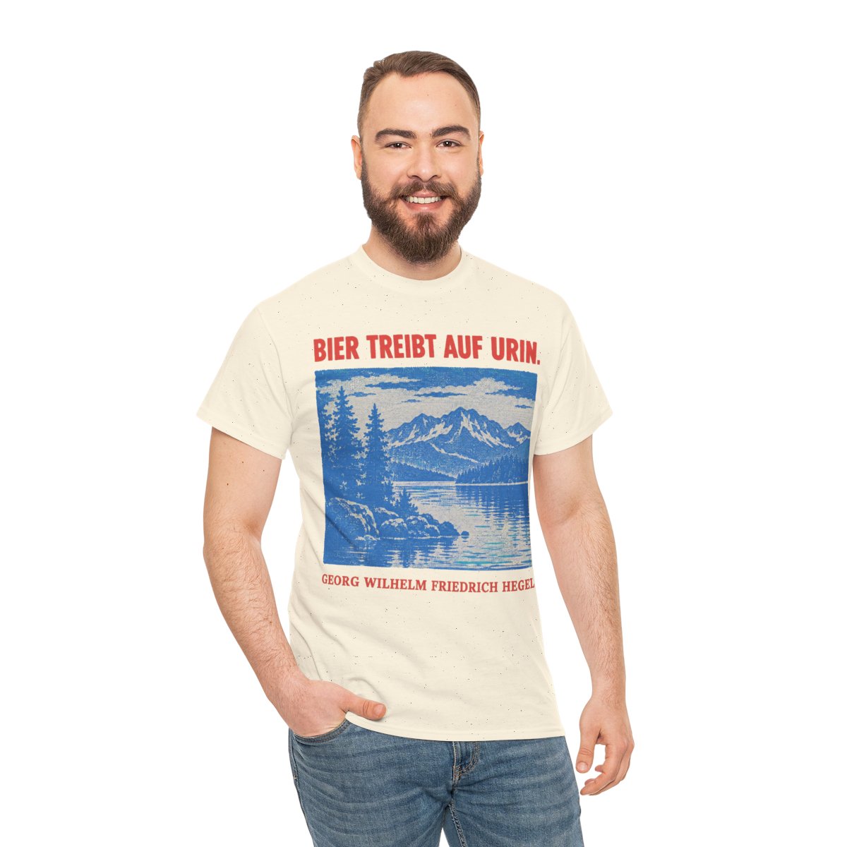 Unisex T-Shirt mit Zitat - Hegel - Bier treibt auf Urin Plakat – person-3