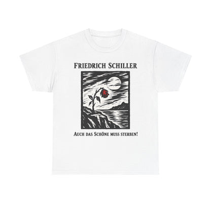 Unisex T-Shirt mit Zitat - Schiller - Auch das Schöne muss sterben Holzschnitt – front