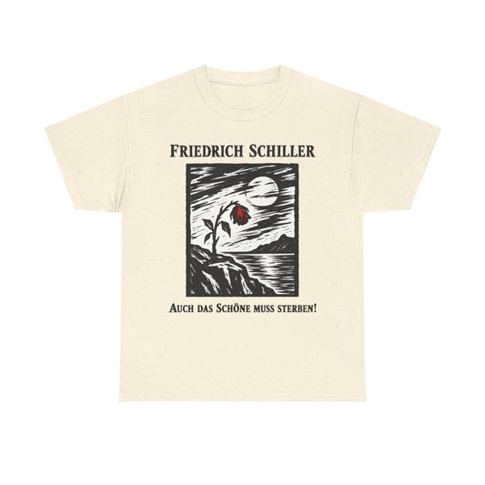 Unisex T-Shirt mit Zitat - Schiller - Auch das Schöne muss sterben Holzschnitt – front