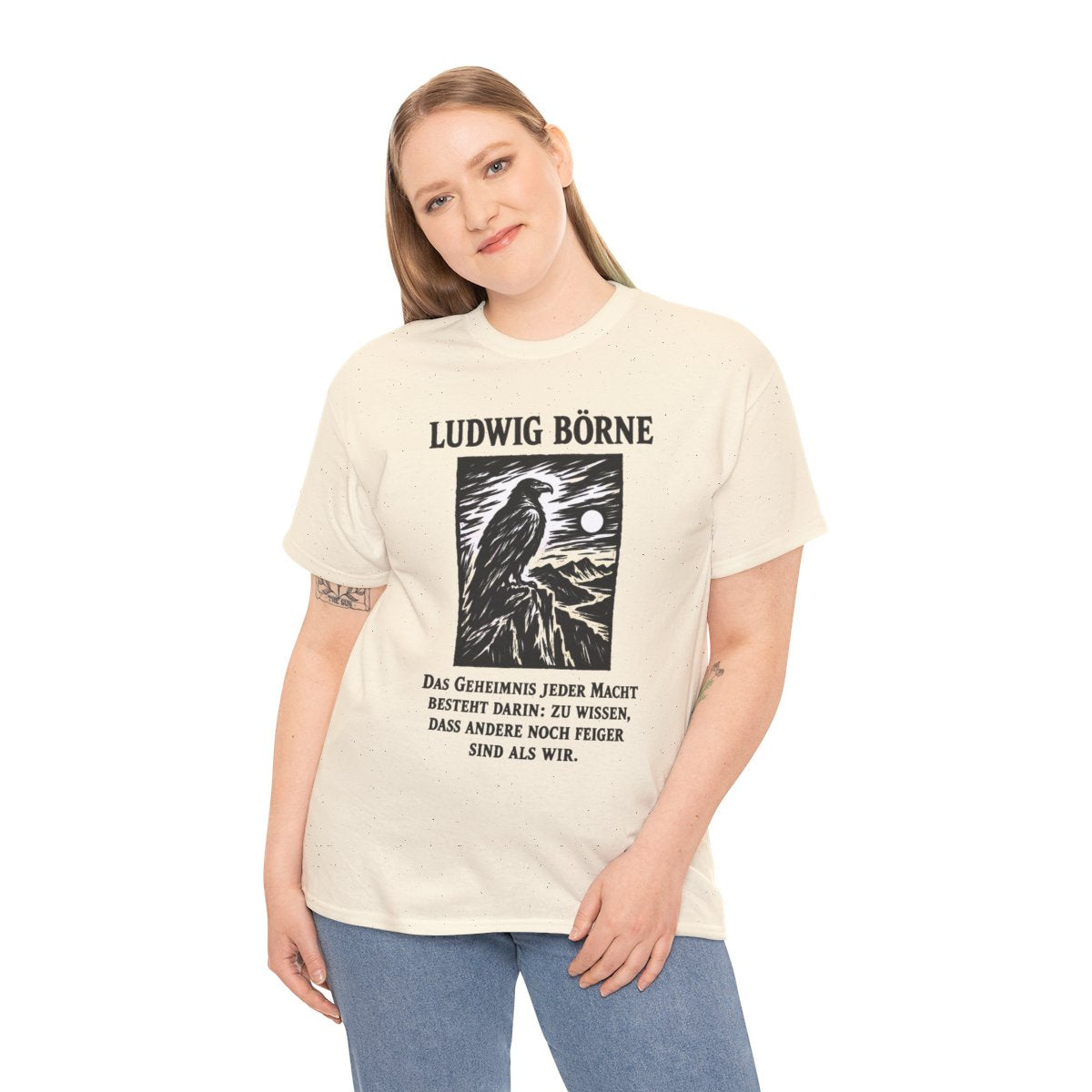 Unisex T-Shirt mit Zitat - Börne - Das Geheimnis jeder Macht besteht Holzschnitt – person-2