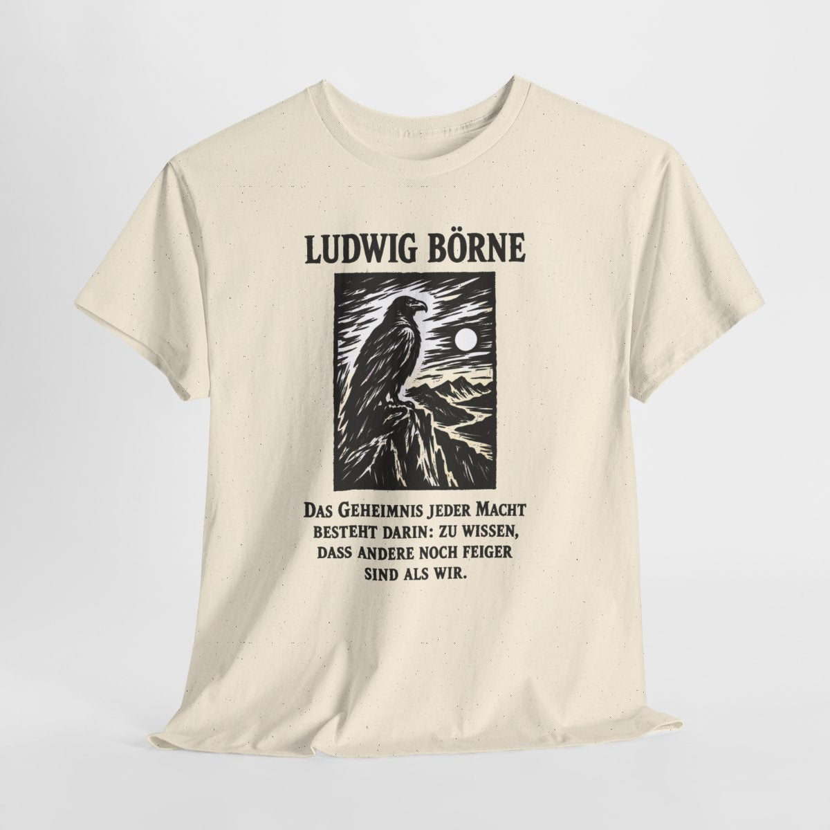 Unisex T-Shirt mit Zitat - Börne - Das Geheimnis jeder Macht besteht Holzschnitt – hanging-1