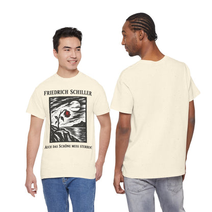 Unisex T-Shirt mit Zitat - Schiller - Auch das Schöne muss sterben Holzschnitt – duo