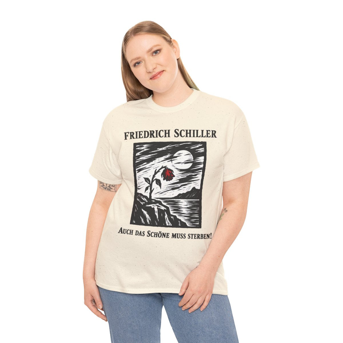 Unisex T-Shirt mit Zitat - Schiller - Auch das Schöne muss sterben Holzschnitt – person-2