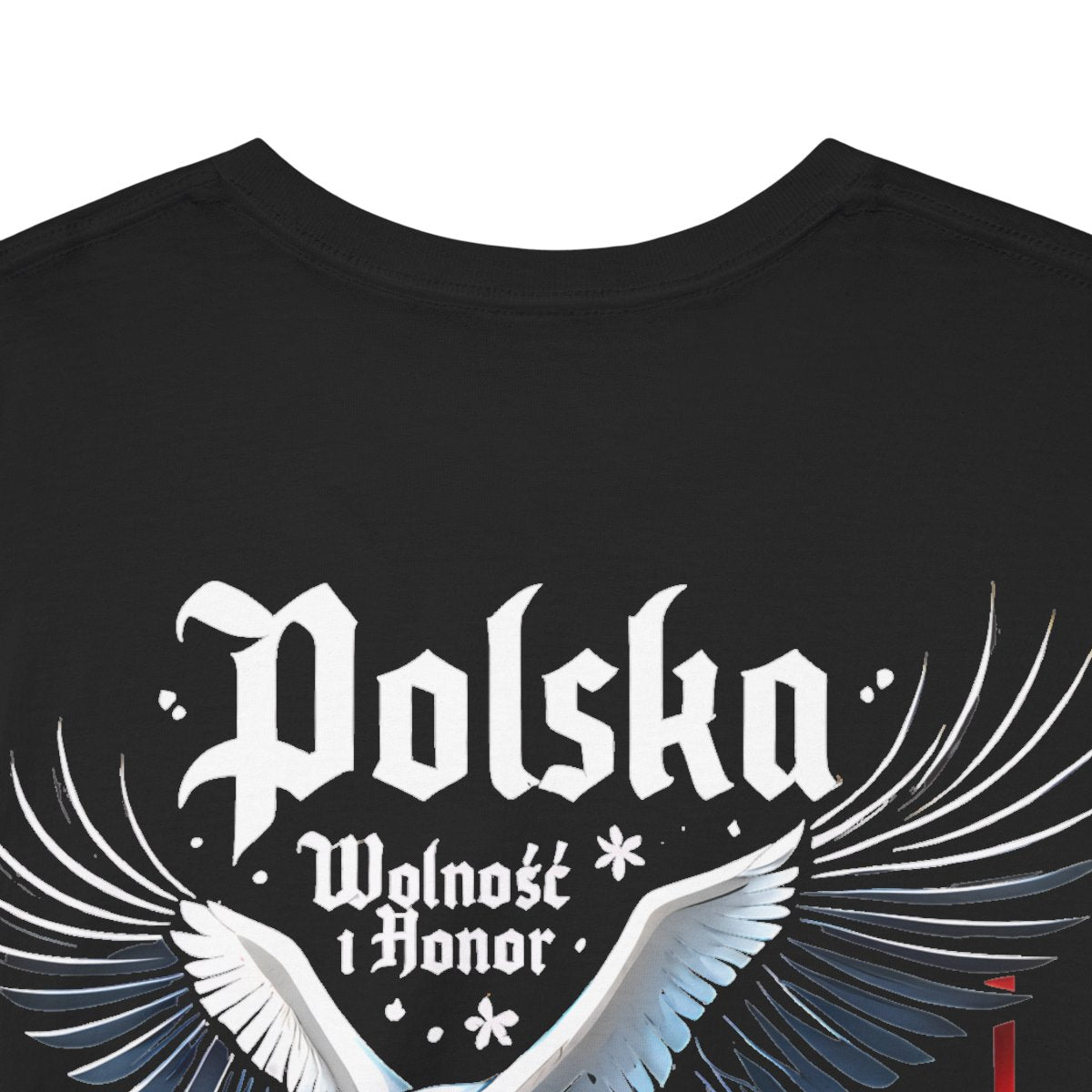 Unisex T-Shirt mit Storch und Spruch - Polen – back-collar-closeup